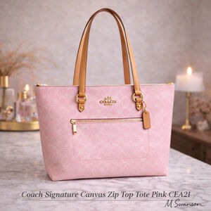 NEW Coach Signature Canvas Zip Top Station Tote Pink CEA21 NWT